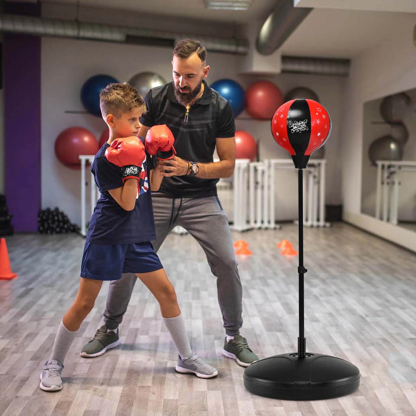 Kids Punching Bag Toy Set Adjustable Stand Boxing Glove Speed Ball with Pump Red